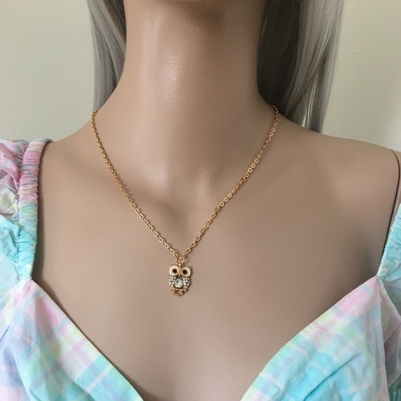 Rhinestone Owl Hand Crafted Necklace Gold Plated Chain - Picture 3 of 8